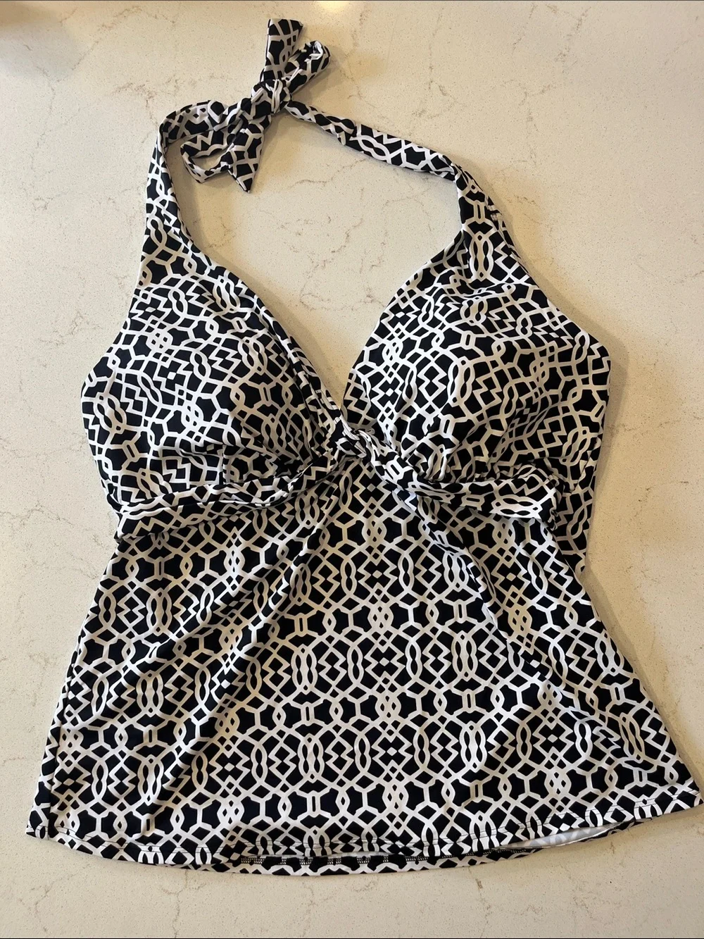 Lands' End Black & White Geometric Halter One-Piece Tankini